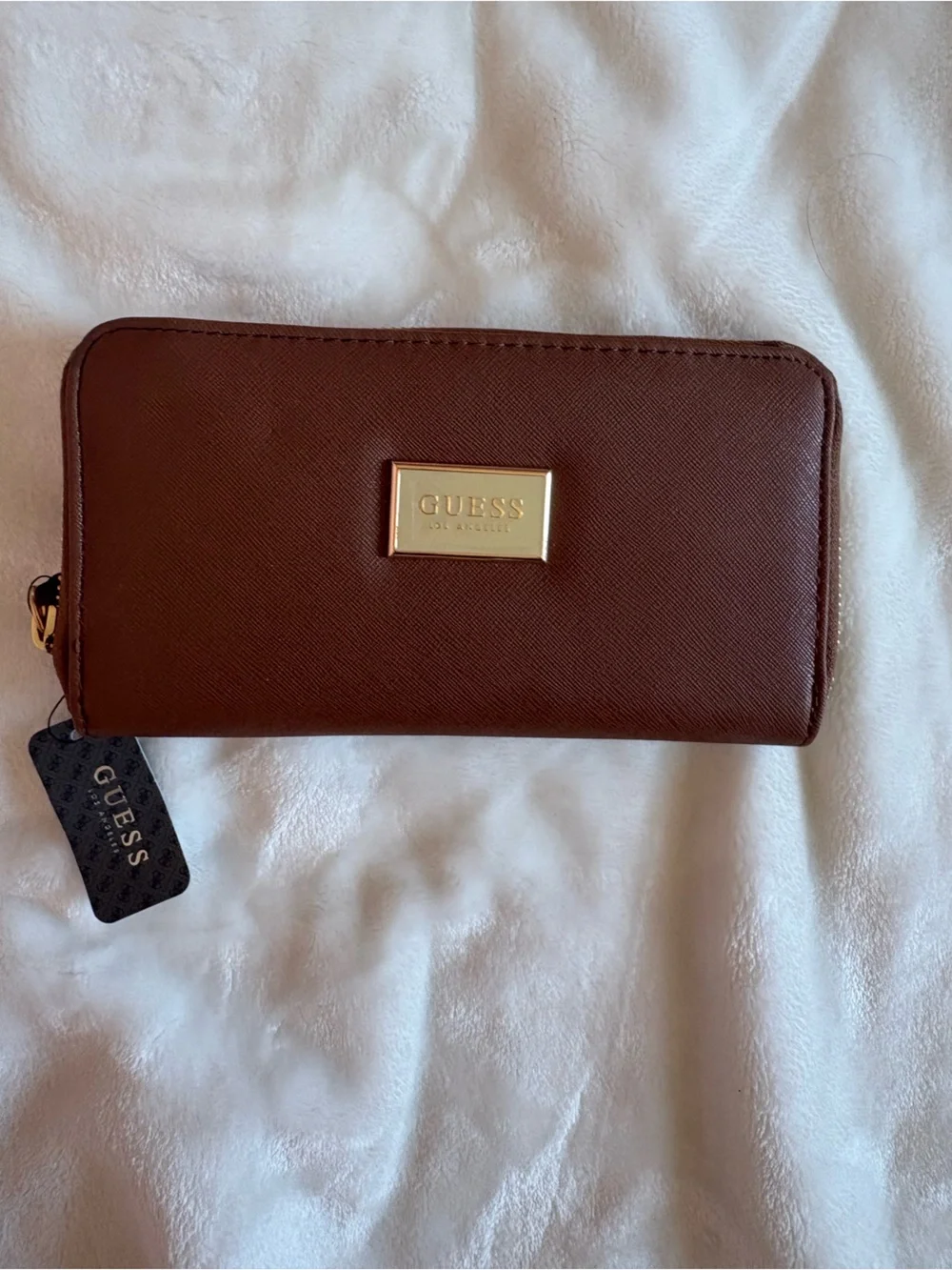 GUESS Brown Saffiano Zip-Around Wallet with Gold Plaque